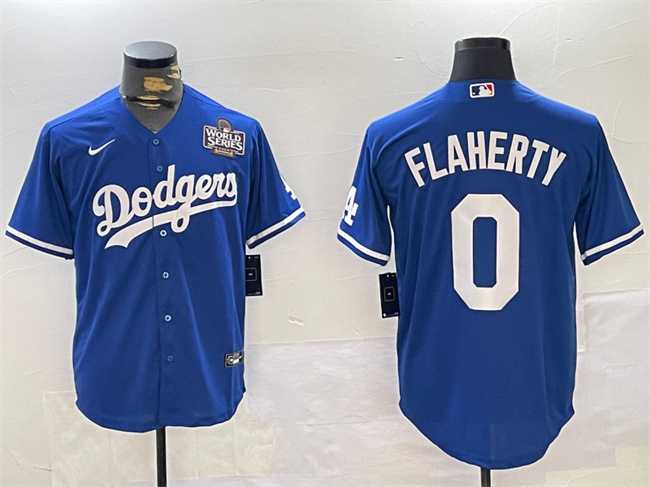 Mens Los Angeles Dodgers #0 Jack Flaherty Royal 2024 World Series Cool Base Stitched Jersey
